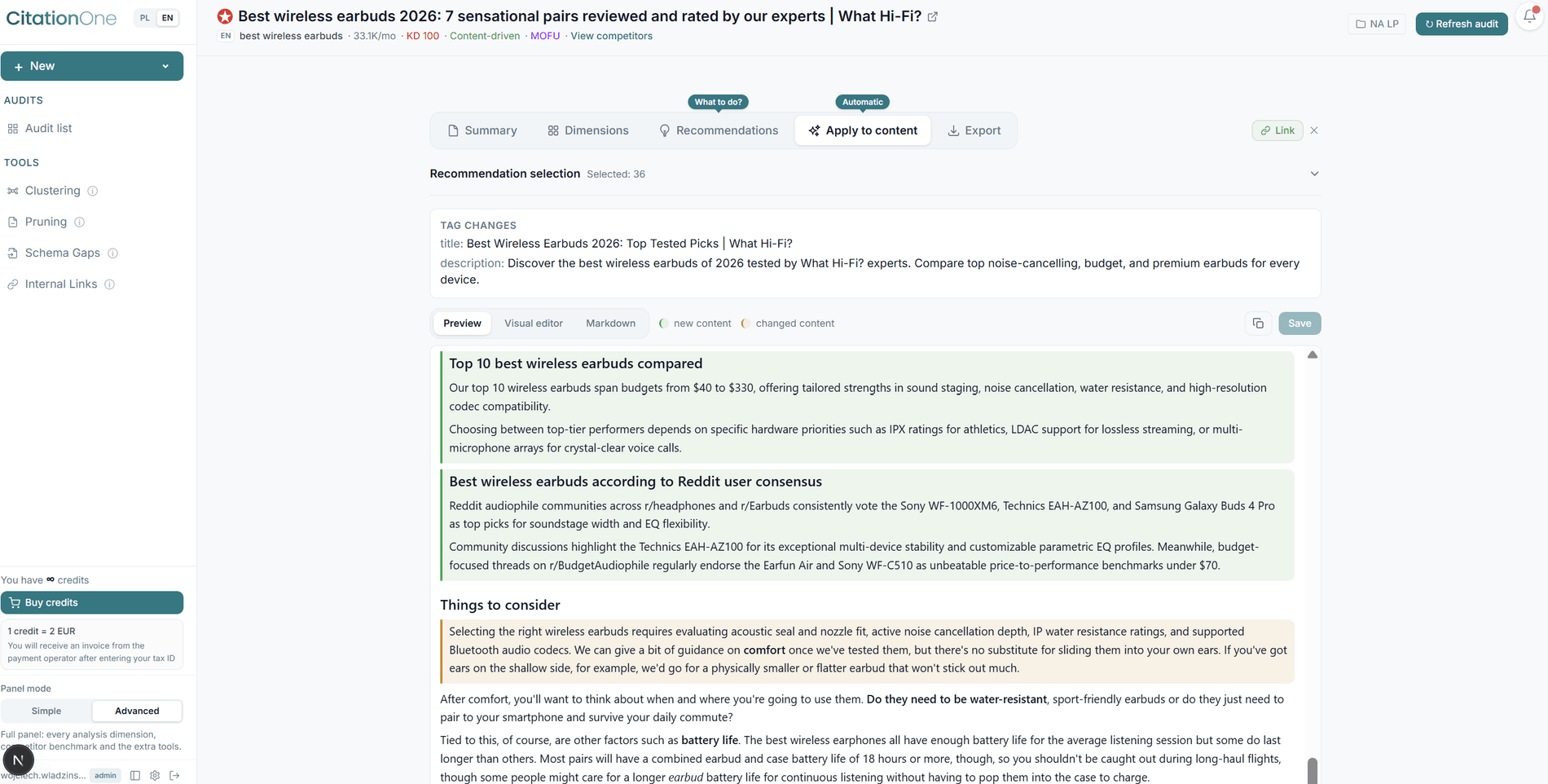 CitationOne dashboard - content with applied recommendations and tag changes
