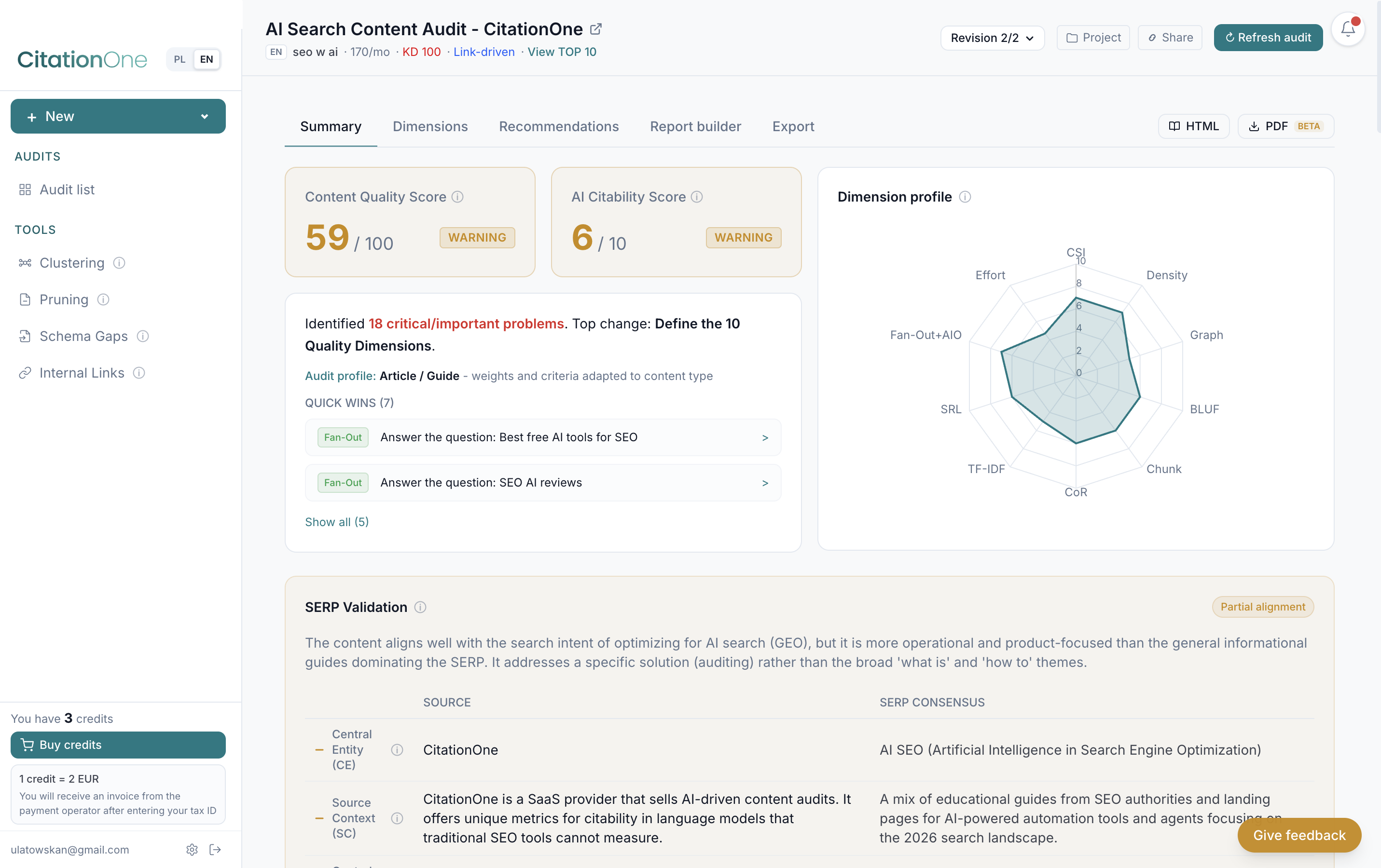CitationOne dashboard - Content Quality Score, AI Citability Score and the 10-dimension profile