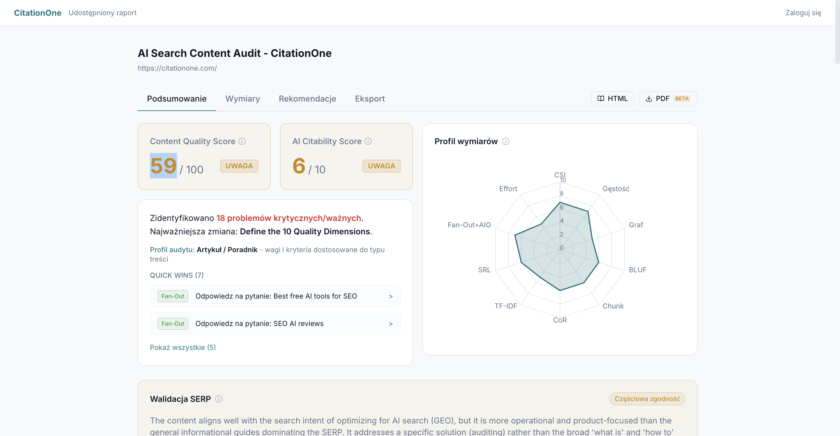Przykładowy raport CitationOne - Content Quality Score, AI Citability Score, profil 10 wymiarów i Quick Wins